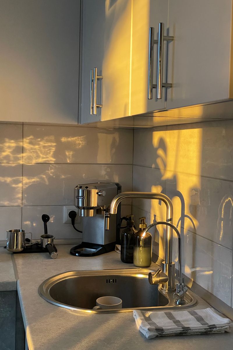 Spotless kitchen counter in warm light
